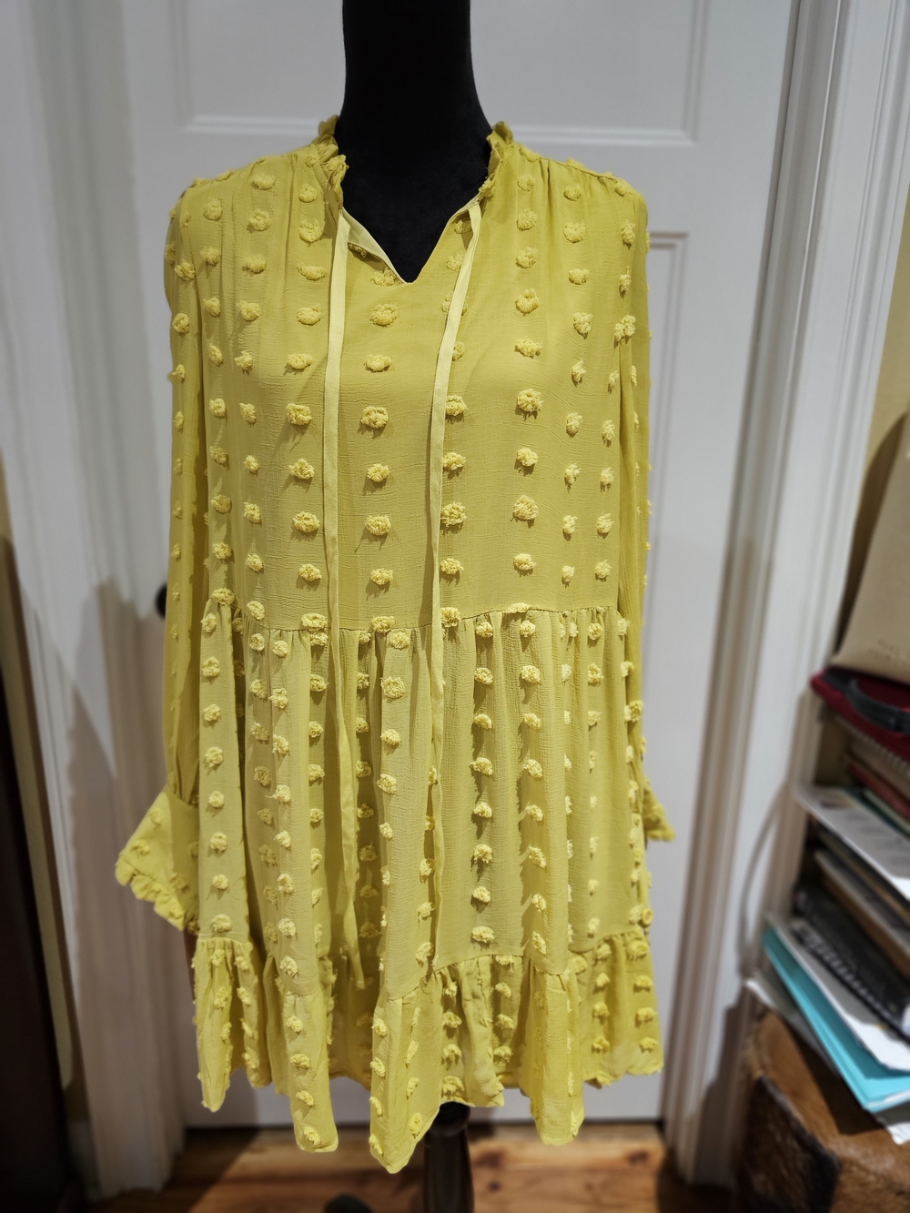 Mustard Pom-Pom Tiered Women's Dress, NWT